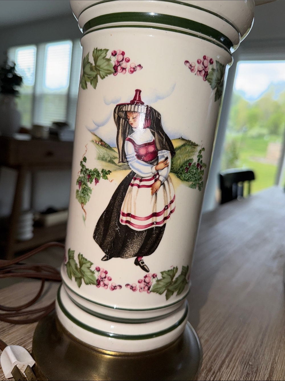 Vintage Porcelain Column Lamp with Folk Lady Motif in Cream, Black and Burgundy